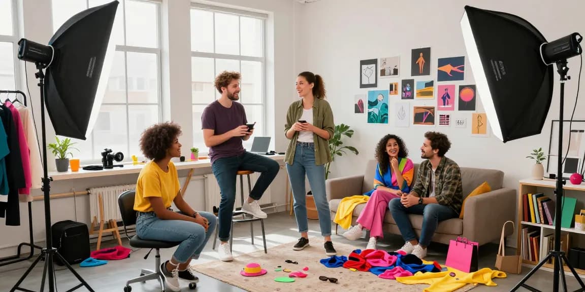 Creative collaboration in amateur porn studio, diverse filmmakers working with props and video equipment.