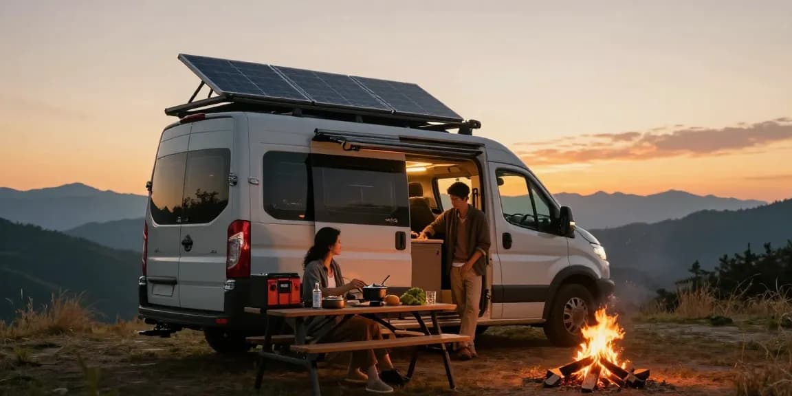 rokok88 login while enjoying vanlife camping setup with solar panels and scenic mountains.