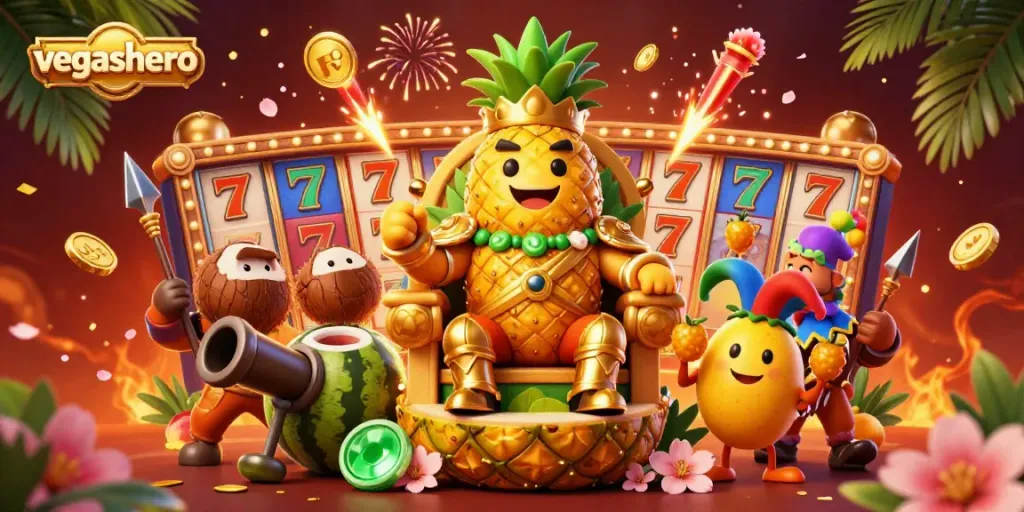 Spin lucky slots at VegasHero Casino, showcased in a vibrant 3D illustration with dynamic characters.