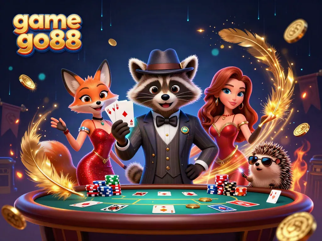 Engaging game go88 scene featuring charismatic raccoon, fox, and hedgehog during a lively poker game.