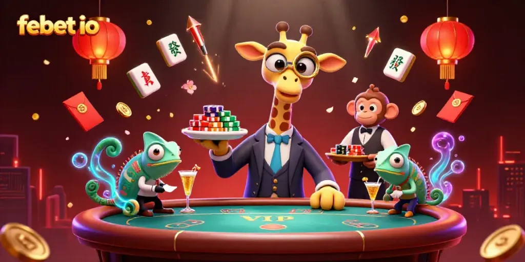 Experience high-stakes gaming with febet io featuring vibrant characters at a poker table.
