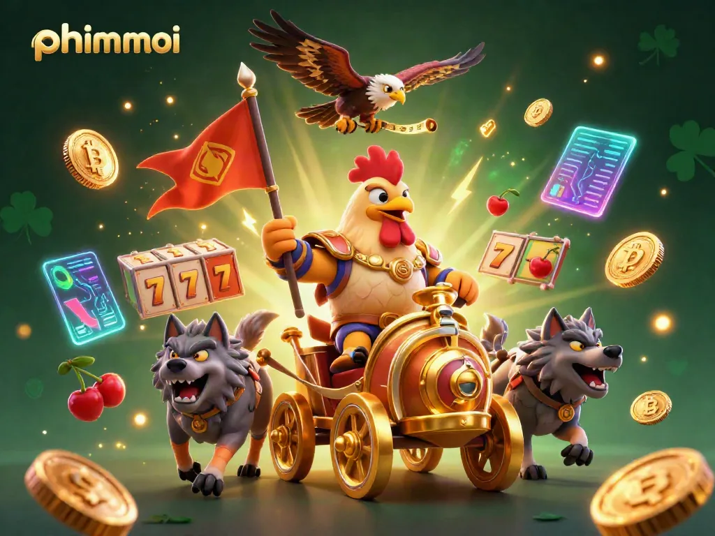 Engage with phimmoi's exciting slot adventures, featuring a rooster warlord leading a thrilling gaming scene.
