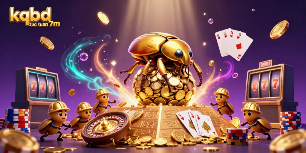 Experience kqbd truc tuyen 7m with dynamic scenes of beetles rolling golden coins in a vibrant casino world.