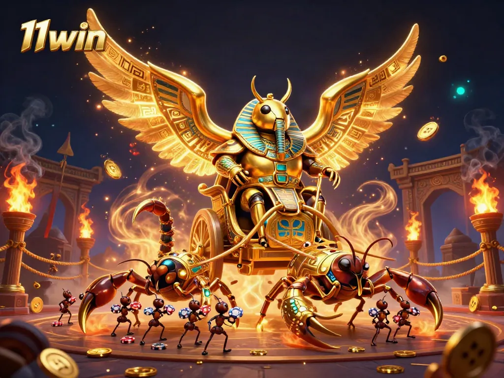 Experience the thrilling action of 11win with a vibrant 3D casino scene featuring a golden scarab beetle and scorpion chariots.