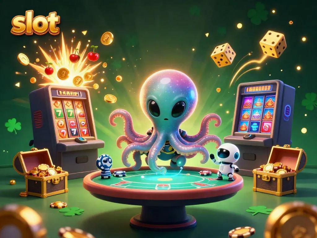 Play thrilling slot games with vibrant characters at a dynamic casino scene.