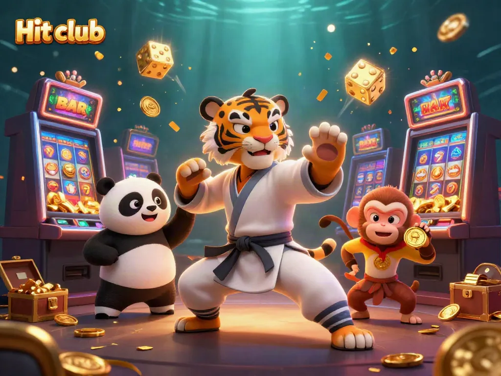 Hit club cartoon scene with a kung fu tiger, panda disciple, and a monkey stealing coins from slot machines.