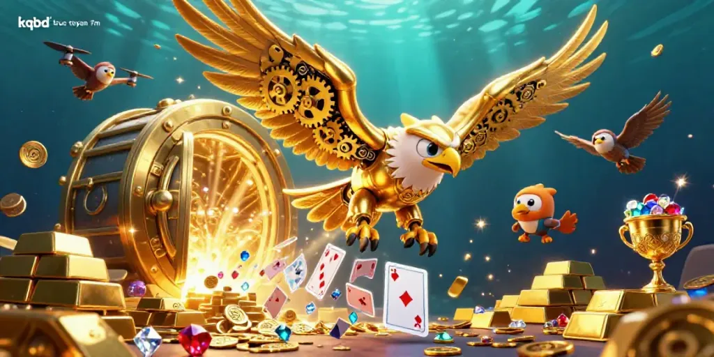 Experience the excitement of kqbd truc tuyen 7m through a vibrant 3D scene featuring a golden eagle amidst dazzling gaming elements.
