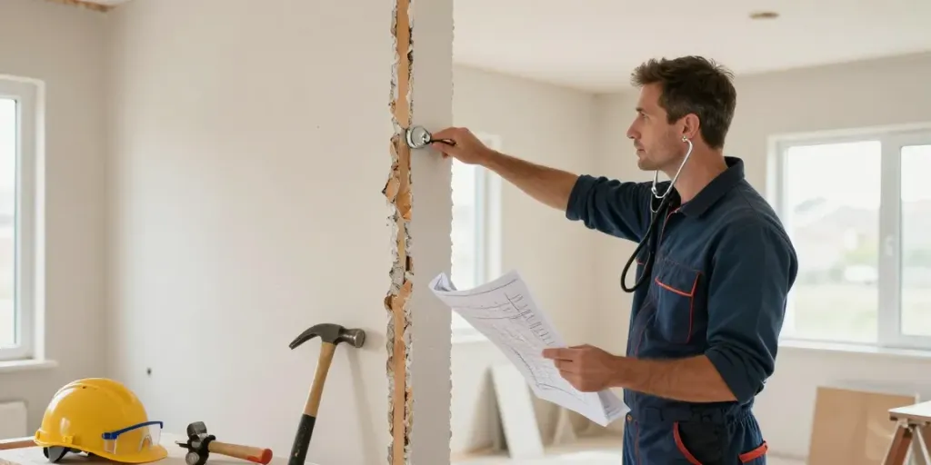 Professionele aannemer inspecteert draagmuur verwijderen in woning, meer over draagmuren