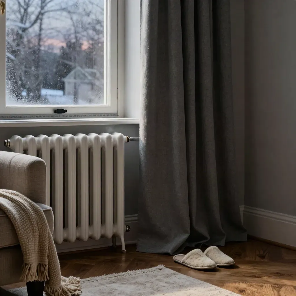 Winterse woonkamerhoek met radiator, plaid, pantoffels en zware gordijnen bij beslagen raam