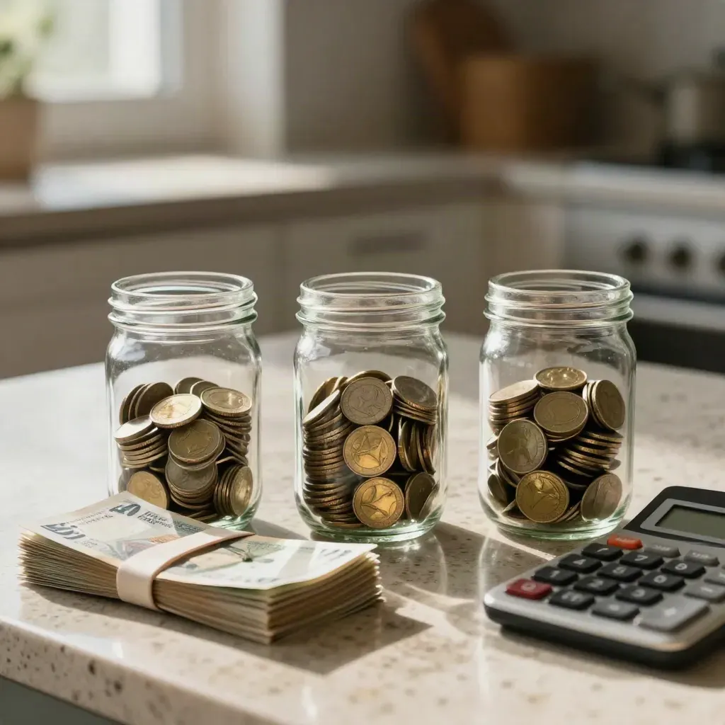 Drie glazen potten met oplopende muntjes, bankbiljetten met elastiek en een rekenmachine op travertin.