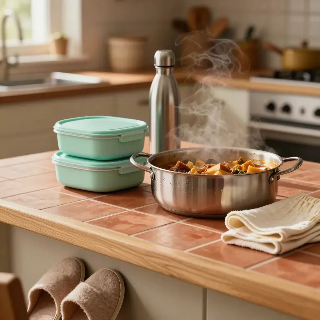 Gezinskeuken met lunchboxen, restjespan, waterfles, vaatdoek en slippers bij de radiator.