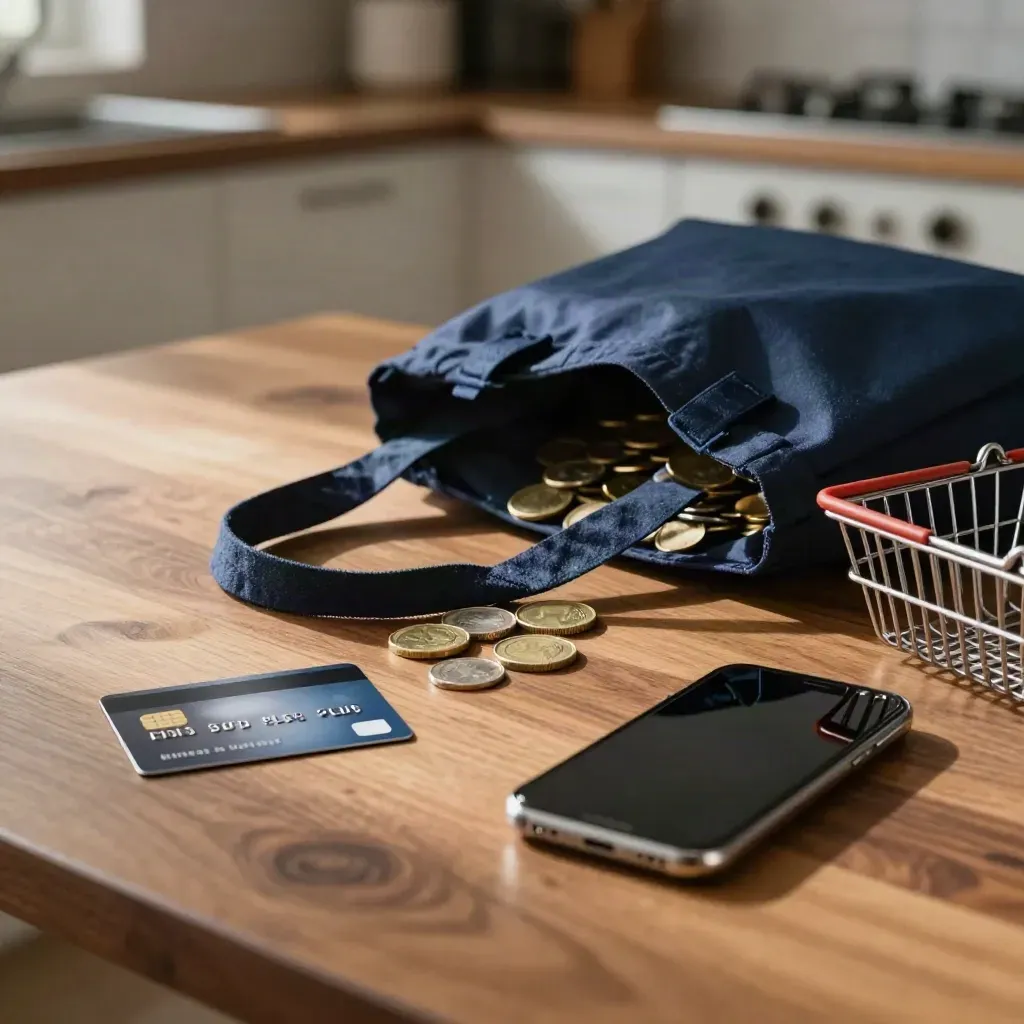 Contactloze betaalpas, telefoon, boodschappentas, muntjes en winkelmandje op een keukentafel