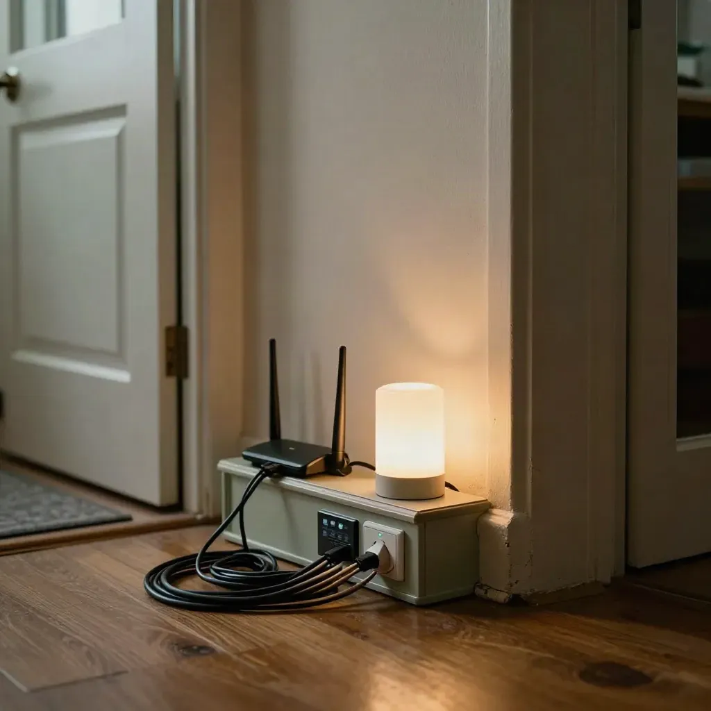 Meterkast in de hal met router, slimme stekker, thermostaatknop en opgerolde kabels.