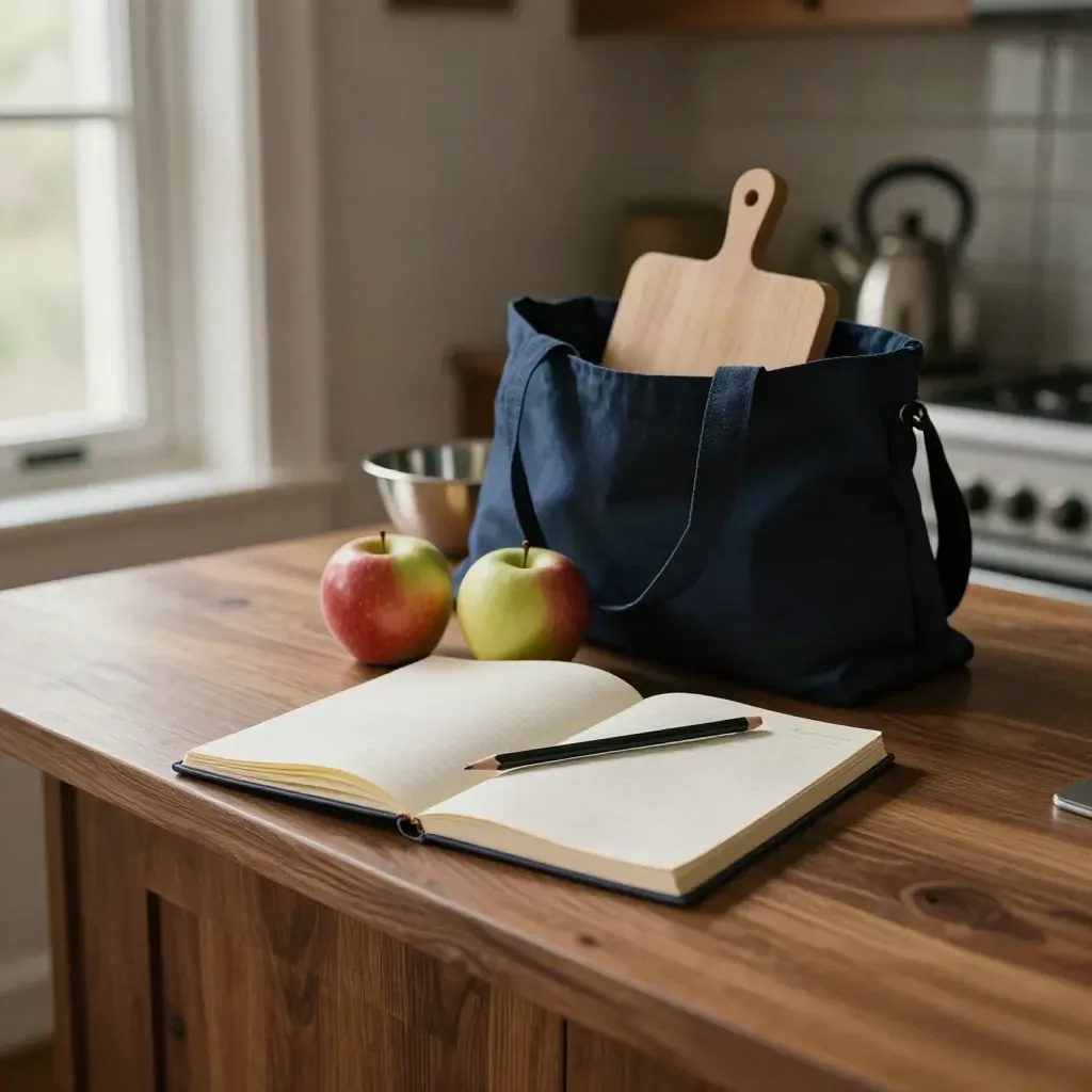 Keukenblad met notitieblok, potlood, appels en een navy stoffen tas bij het vertrek.