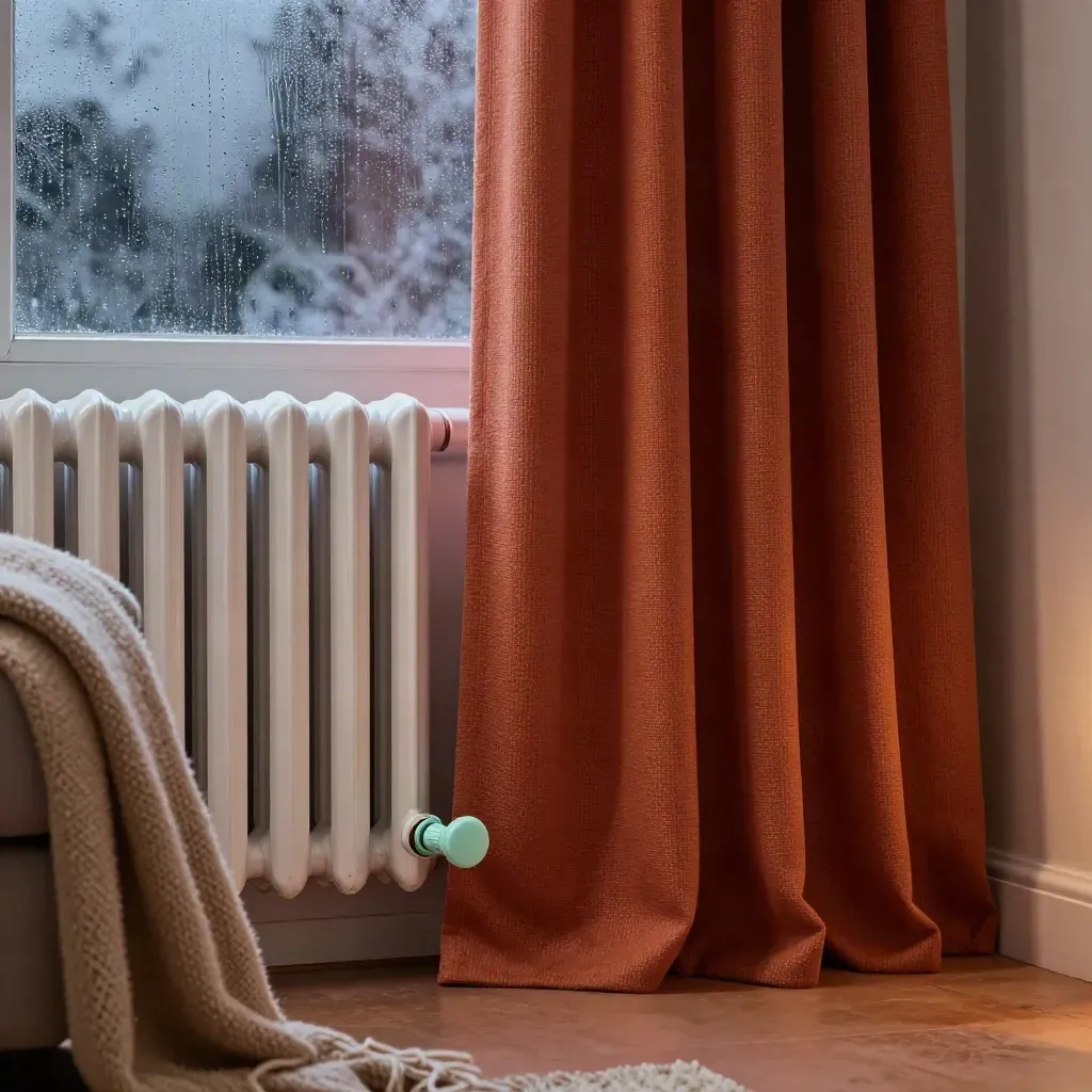 Dichte gordijnen, radiator en beslagen raam houden warmte vast in een stille woonkamer.