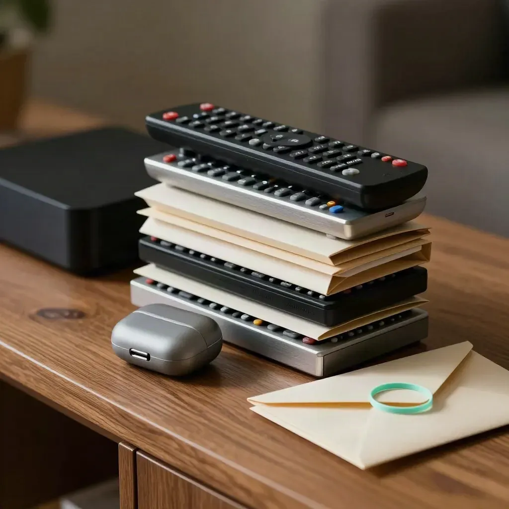Stapel afstandsbedieningen, streamingbox en enveloppen op een houten sideboard in zacht licht.