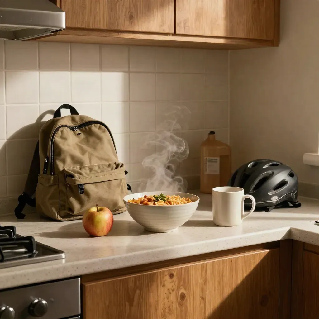 Studentenkitchenette met stoom, instantmaaltijd, appel, rugzak, helm en mok op het aanrecht.