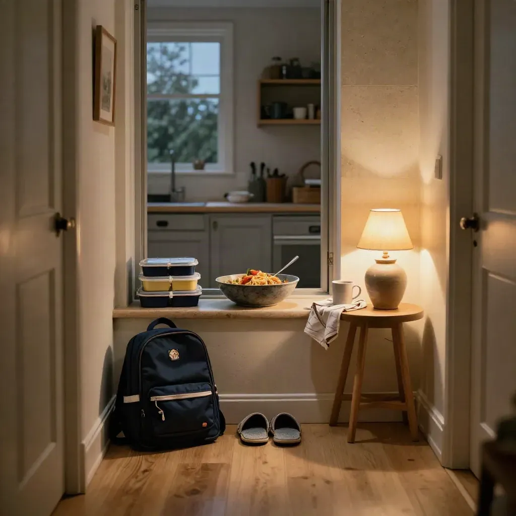 Gezinsnook met schooltassen, lunchboxen, restjes en slippers in warm avondlicht.
