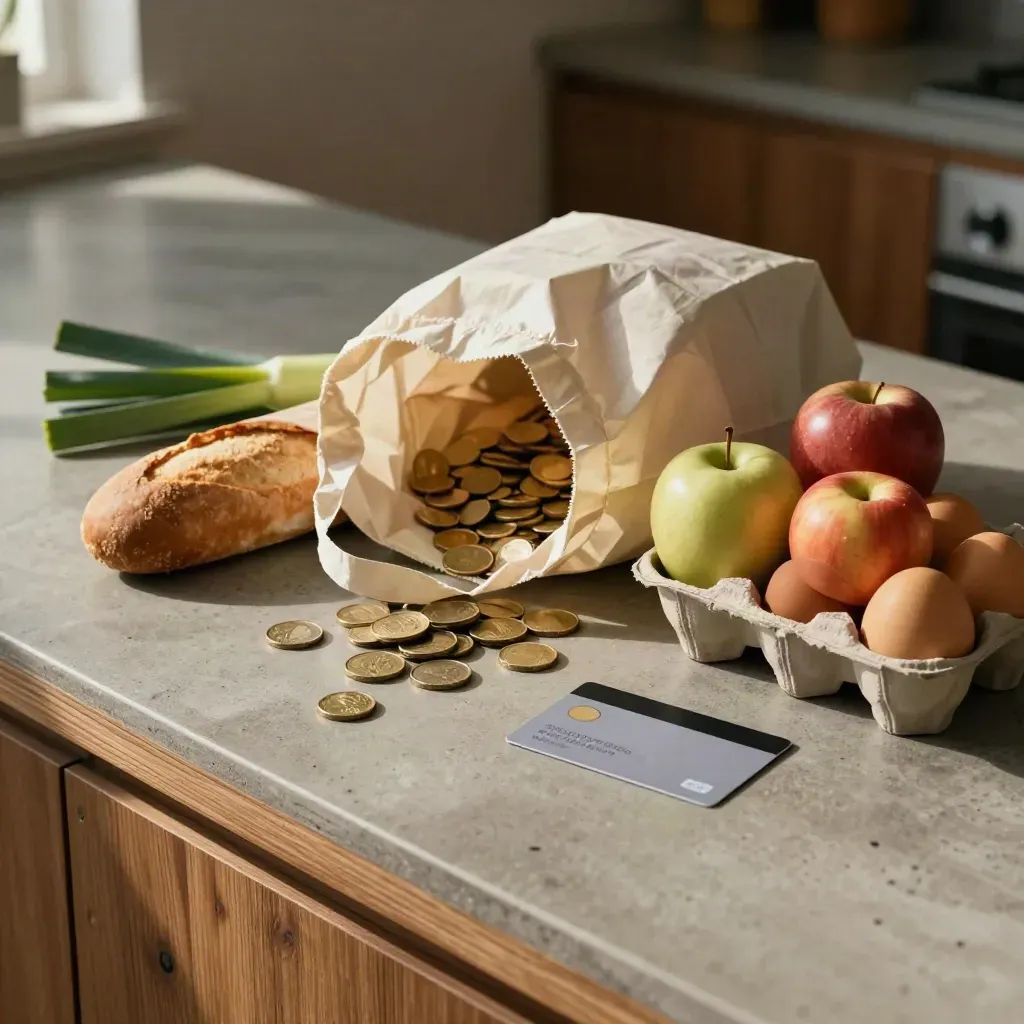 Boodschappentas, muntjes en bankpas naast verse boodschappen op een warm keukenaanrecht.
