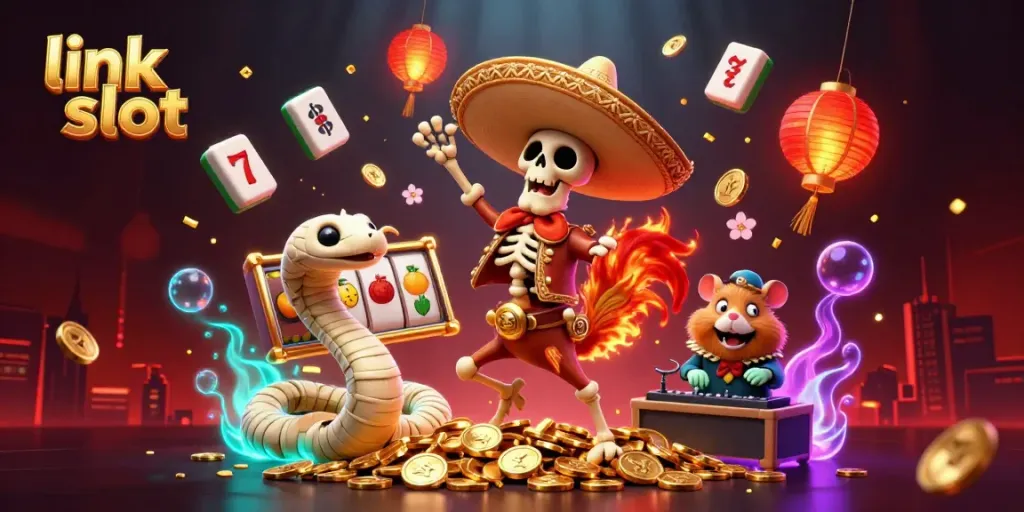 Experience slot wins with a lively 3D scene showcasing link slot, jackpot reels, and colorful characters.