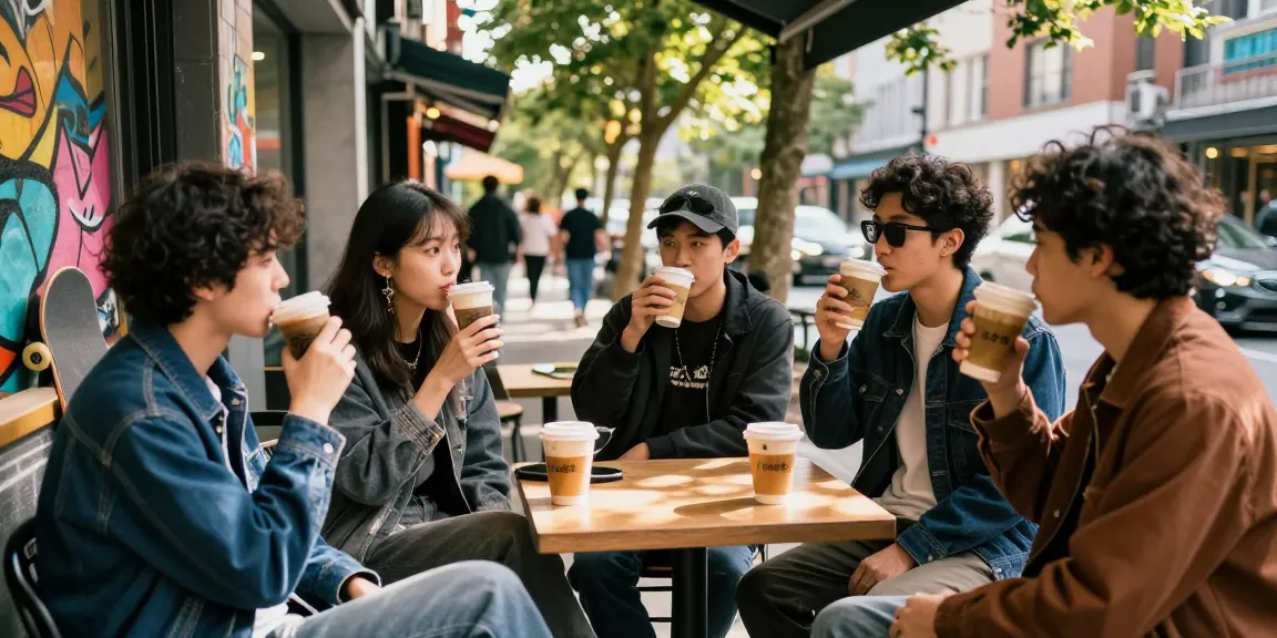 Friends gathering at an outdoor café, enjoying trendy fashion and vibrant atmosphere, representing rokok88 lifestyle.