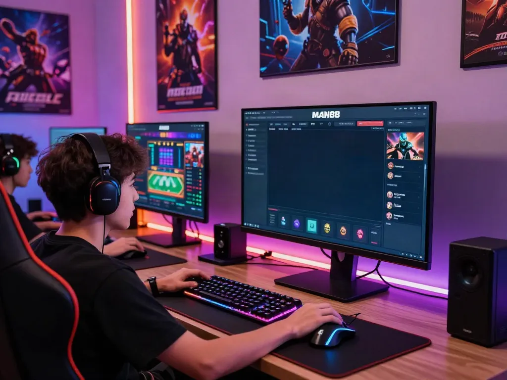 Engaged player interacting with MAN88 online gaming interface in a vibrant gaming room.