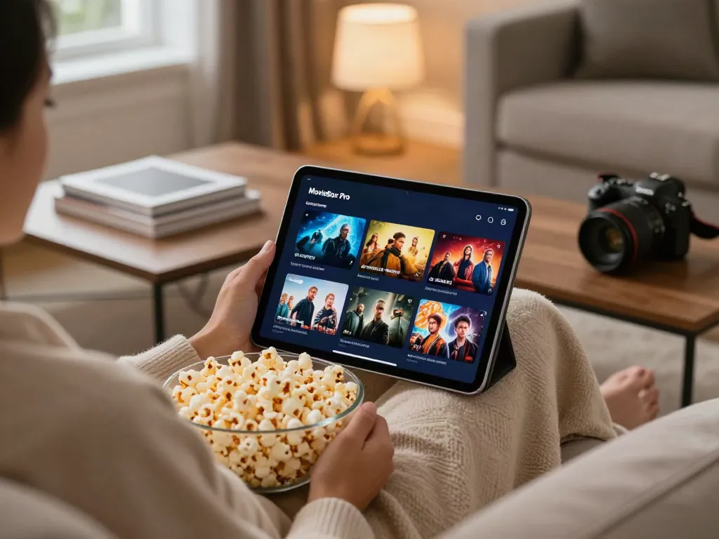 Person enjoying MovieBox Pro on an iPad in a cozy living room, perfect for home streaming.