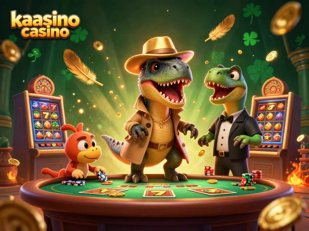 Kaasino casino welcomes players with a vibrant 3D scene of cartoon dinosaurs playing at a betting table, surrounded by slot machines and gold coins.