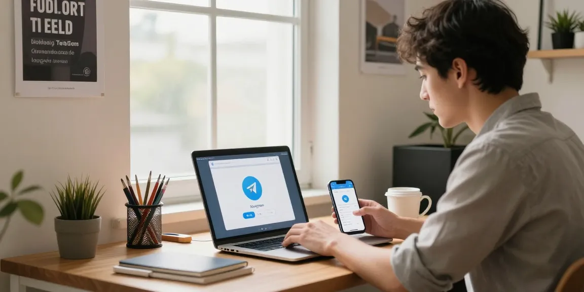 Download Telegram app on a laptop with a smartphone showing the interface in a modern workspace.