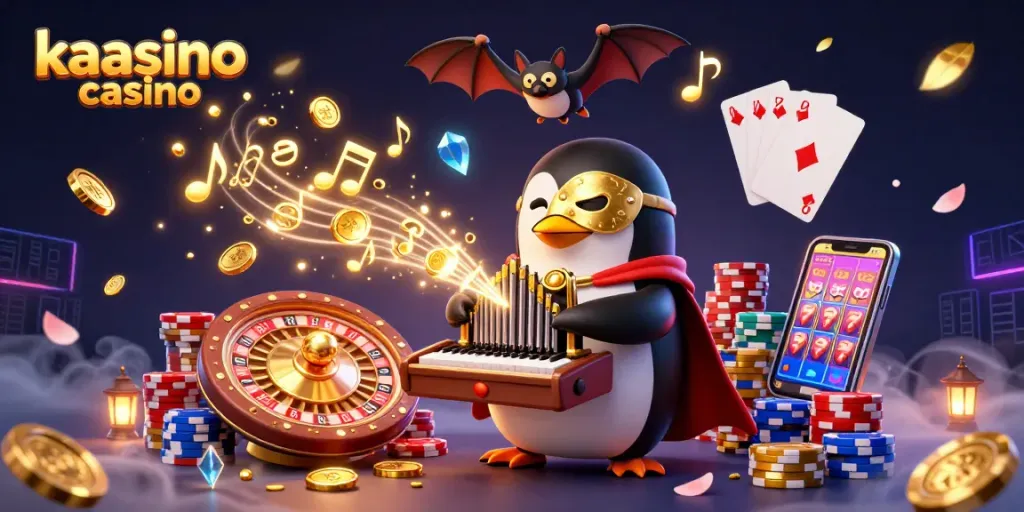 Kaasino casino scene featuring a cartoon penguin playing an organ with golden coins, bat acrobat above, and casino elements.