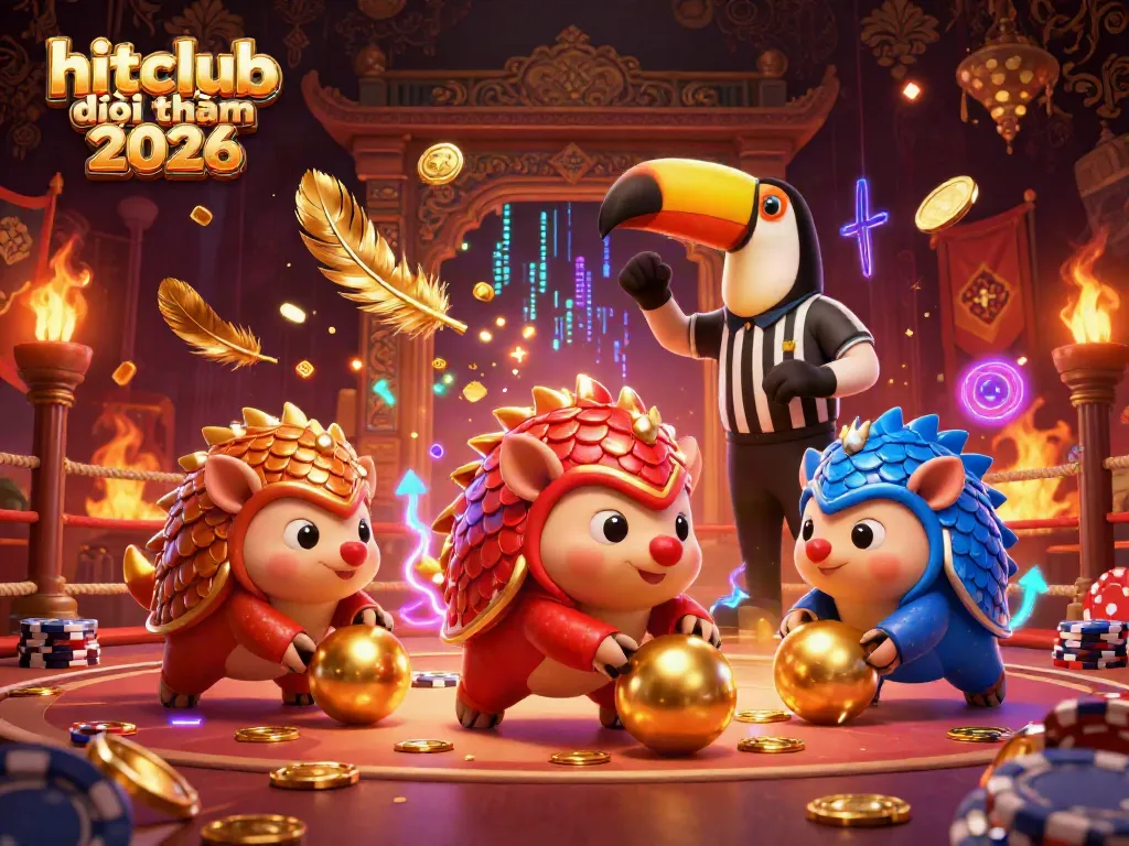 Experience hitclub đổi thưởng 2026 with vibrant pangolins bowling through poker chips in a dynamic casino scene.