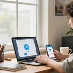 Download Telegram app on a laptop with a smartphone showing the interface in a modern workspace.